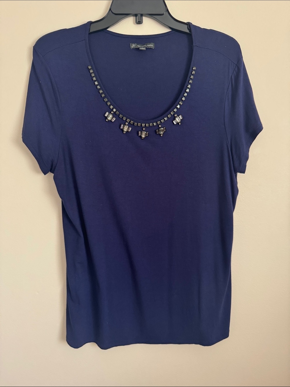 Adrianna Papell Navy Short-Sleeve Top with Beaded Scoop Neck